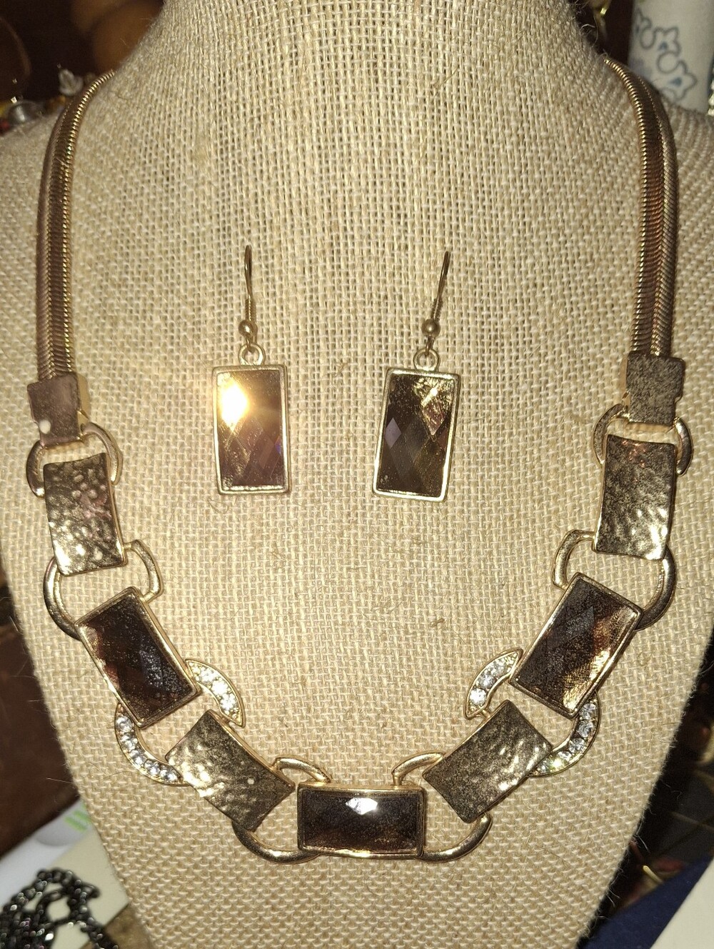 Gold-Tone Rectangular Bib Statement Necklace Earring Set Rhinestone